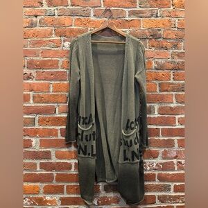 Olive Green Open Front Cardigan with Black Text